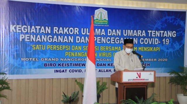 Agenda Rapat Koordinasi Ulama dan Umara tentang Penanganan dan Pencegahan COVID-19 di Aceh.