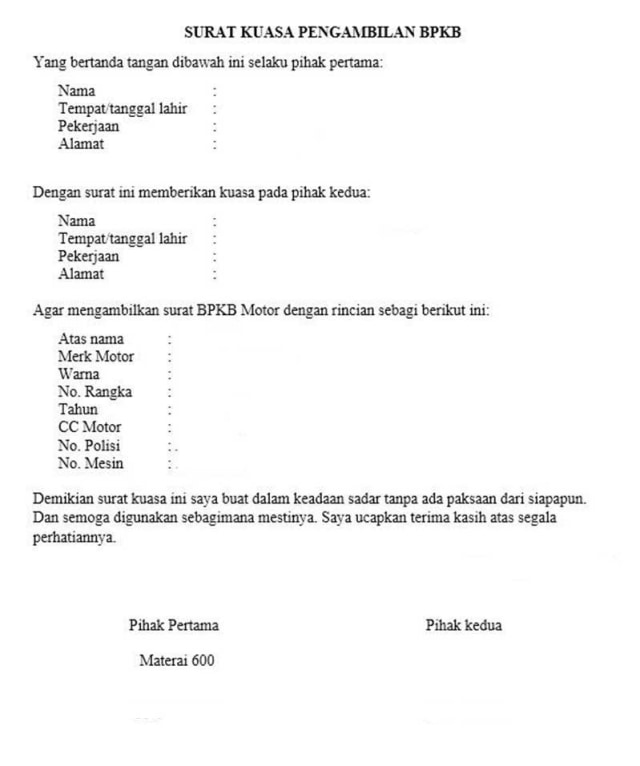 Contoh Surat Kuasa Pengambilan BPKB Foto: dok Otojurnalisme