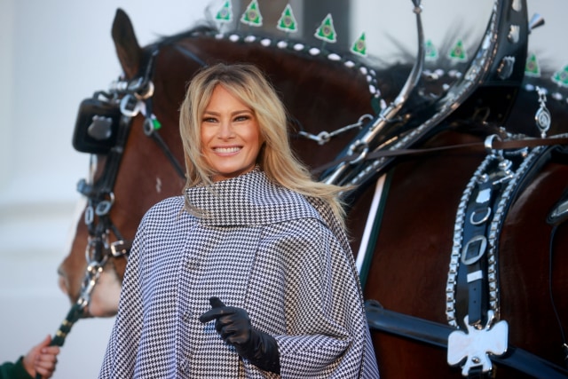 Ibu negara AS Melania Trump menyambut kedatangan Pohon Natal Gedung Putih, di luar Gedung Putih di Washington, AS, Senin (23/11). Foto: Hannah McKay/REUTERS