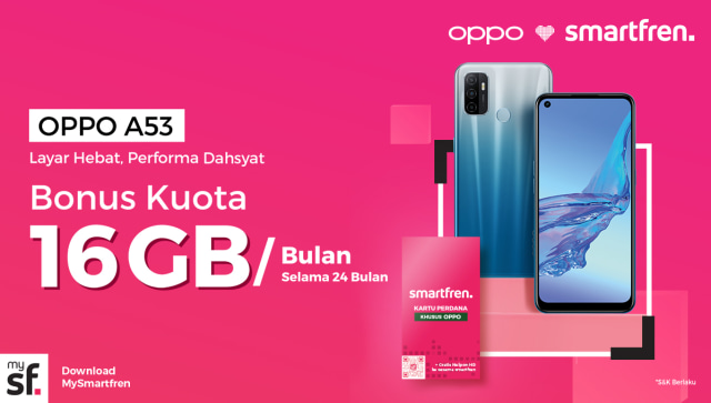 Paket bundling kartu perdana Smartfren dan Oppo A53 dapat bonus kuota hingga 384 GB. Foto: Smartfren