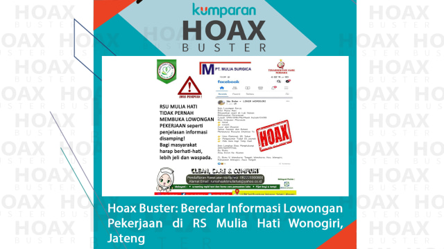 Hoax Buster: Beredar Informasi Lowongan Pekerjaan di RS Mulia Hati Wonogiri, Jateng. Foto: Instagram/@rsumuliahati
