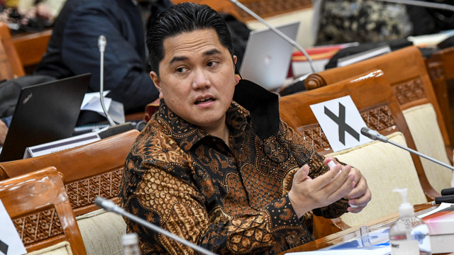 Menteri Badan Usaha Milik Negara (BUMN) Erick Thohir saat mengikuti rapat kerja dengan Komisi VI DPR di Kompleks Parlemen, Senayan, Jakarta, Senin (30/11). Foto: M Risyal Hidayat/ANTARA FOTO
