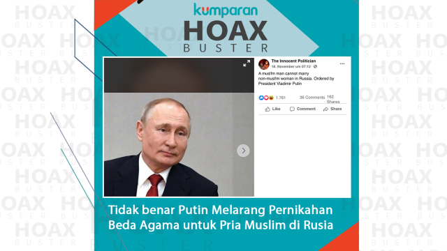 Hoax Buster: Tidak benar Putin melarang pernikahan beda agama untuk pria muslim di Rusia. Foto: Facebook