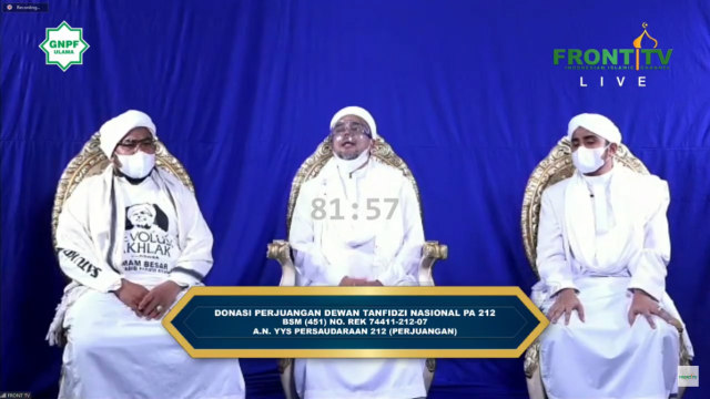 Habib Rizieq Syihab hadir secara virtual di Dialog Nasional Reuni 212, Rabu (2/12). Foto: Front TV