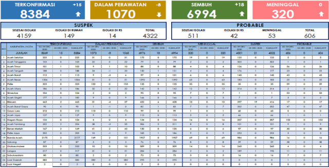 Data update corona di Aceh pada hari ini, Sabtu 5 Desember 2020 di laman Dinkes Aceh.