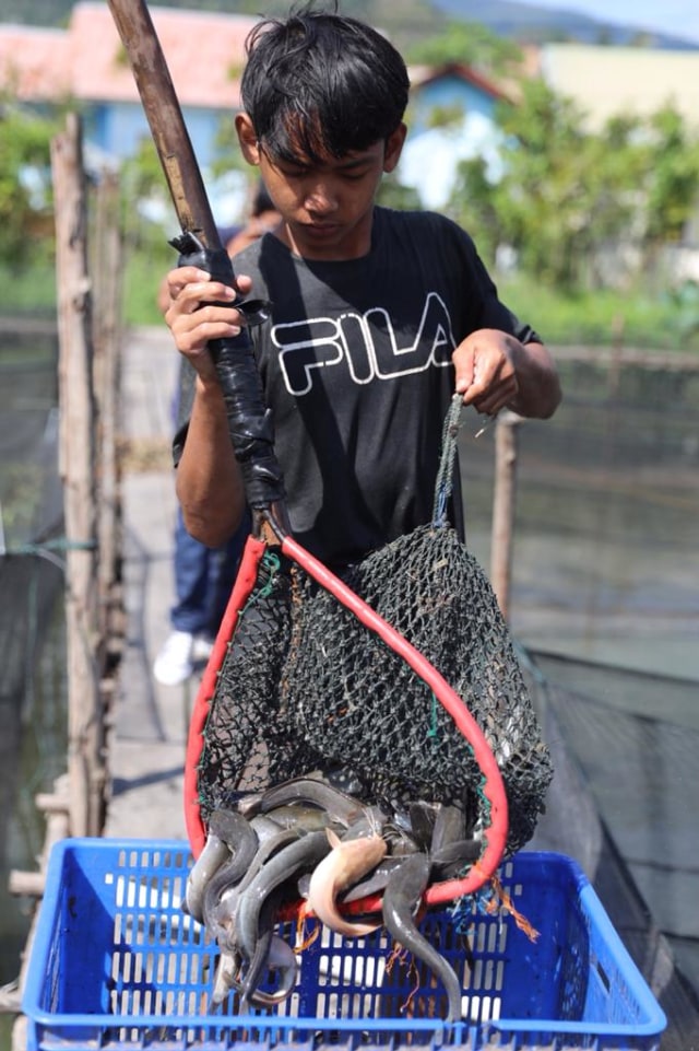Pekerja di tambak lele Sarwoko. Foto: Suparta/acehkini 