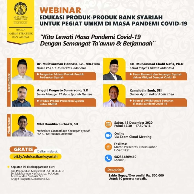Gambar : PAMFLET WEBINAR UI MENGENAI EDUKASI PRODUK BANK SYARIAH UNTUK UMKM DI MASA PANDEMI COVID-19 