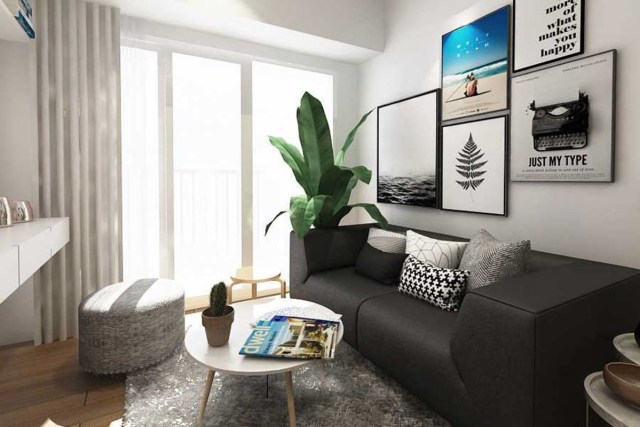 Ruang tamu monokrom Magnolia Residence di Tangerang karya Ruang Komunal, via arsitag.com