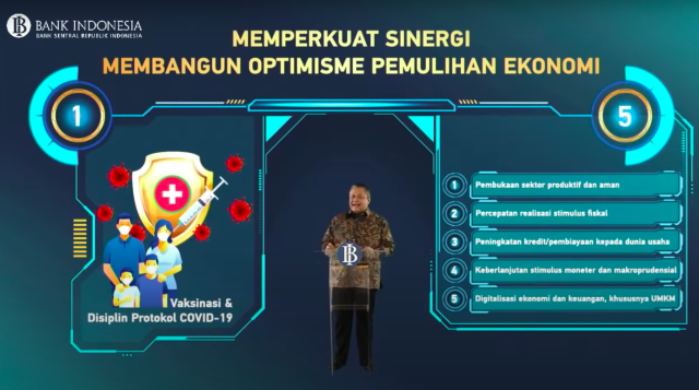 Gubernur BI Perry Warjiyo pada Pertemuan Tahunan Bank Indonesia (PTBI) Tahun 2020 “Bersinergi Membangun Optimisme Pemulihan Ekonomi” yang diselenggarakan secara virtual, Kamis (3/12/2020), di Jakarta. (Sumber: Tangkapan layar YouTube Bank Indonesia)