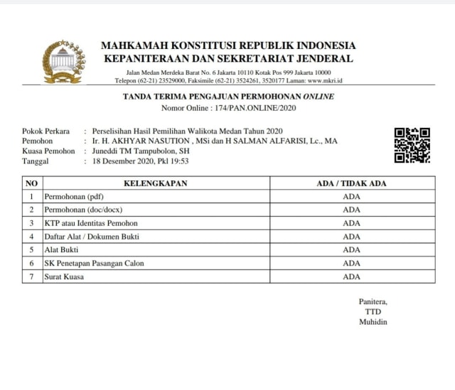 Tanda terima laporan Mahkamah Konstirusi. Foto: Istimewa.
