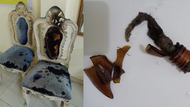 BOM molotov dari botol M150 berisikan sumbu serta dua kursi terbuat dari kayu yang terbakar akibat lemparan bom molotov. 