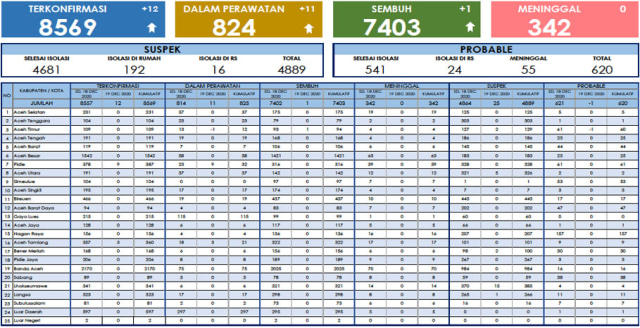 Data update COVID-19 di Aceh per 19 Desember 2020 di laman Dinkes Aceh