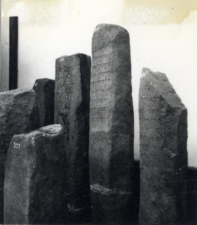 Foto Lama Prasasti Yupa Kerajaan Kutai di Museum Nasional, ca 1930 dan 1955. (KITLV). Foto: kebudayaan.kemdikbud.go.id