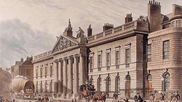 The East India House di Leadenhall Street, London, gambar oleh Thomas Hosmer Shepherd, circa 1817.