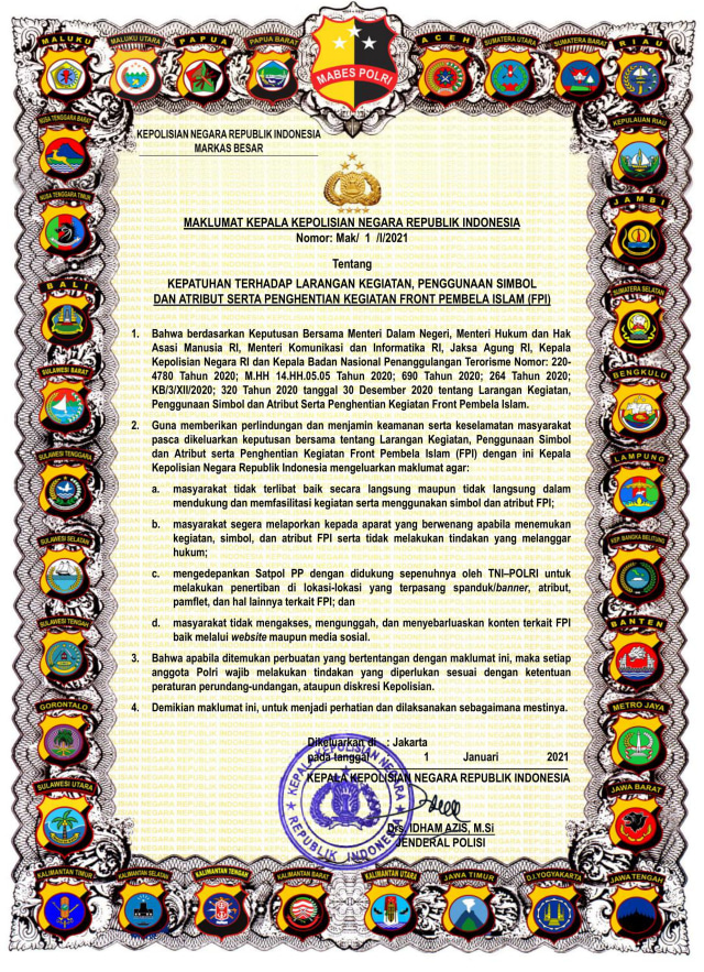 Maklumat Kapolri Tentang Penghentian aktivitas dan organisasi FPI. Foto: Dok. Istimewa