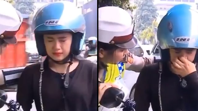 Perempuan menangis padahal lolos tilang. (Foto: @MenteriHiburan/Twitter)