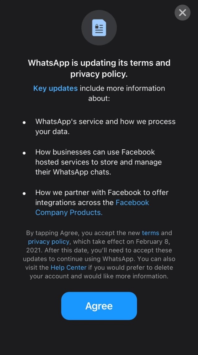 Aturan baru WhatsApp bagikan data ke Facebook Foto: WhatsApp