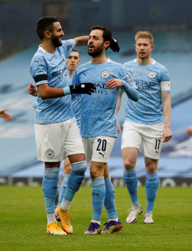 Selebrasi pemain Manchester City saat melawan Birmingham City di Etihad Stadium, Manchester, Inggris. Foto: Phil Noble/Reuters