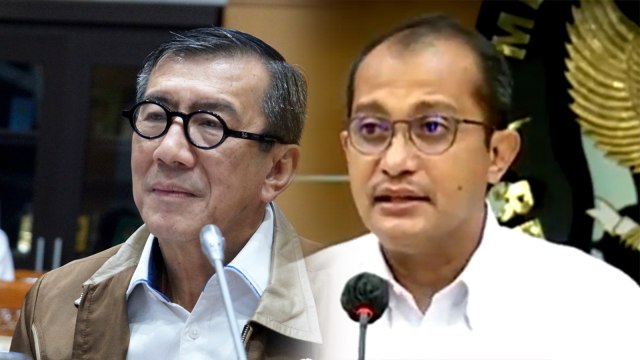 Menkumham Yasonna Laoly dan Wamenkumham Edward Omar Sharif Hiariej alisa Eddy Hiariej. Foto: Helmi Afandi/kumparan dan Youtube