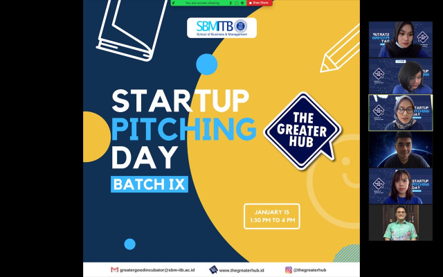 “Startup Pitching Day - Batch IX 2021” yang dilaksanakan pada tanggal 15 Januari 2021 melalui virtual. Setiap startup diminta untuk mampu mempresentasikan bisnis mereka di hadapan investor