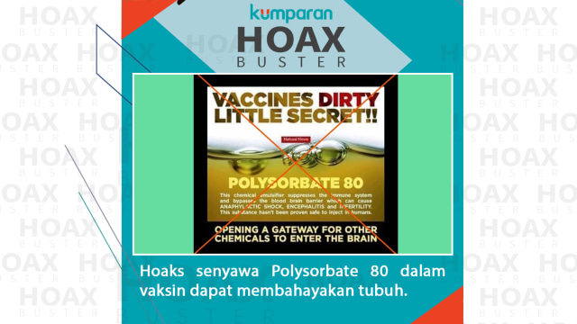 Hoaks senyawa Polysorbate 80 dalam vaksin dapat membahayakan tubuh.
 Foto: AFP