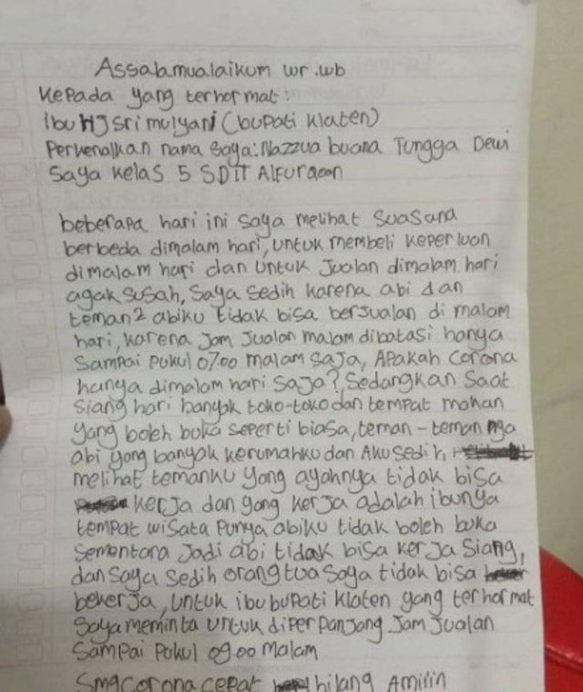 Viral bocah perempuan kelas 5 SD tulis surat ke Bupati Klaten. (Foto: Instagram/@smart.gram)