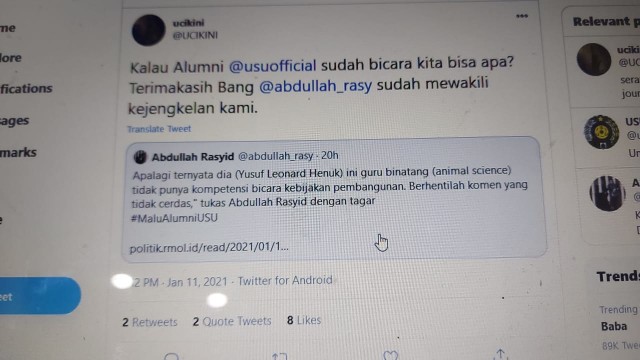 Potongan gambar postingan Abdullah Rasyid yang diduga mencemarkan nama baik Guru Besar USU Prof Yusuf Henuk Leonard.
 Foto: Dok. Istimewa