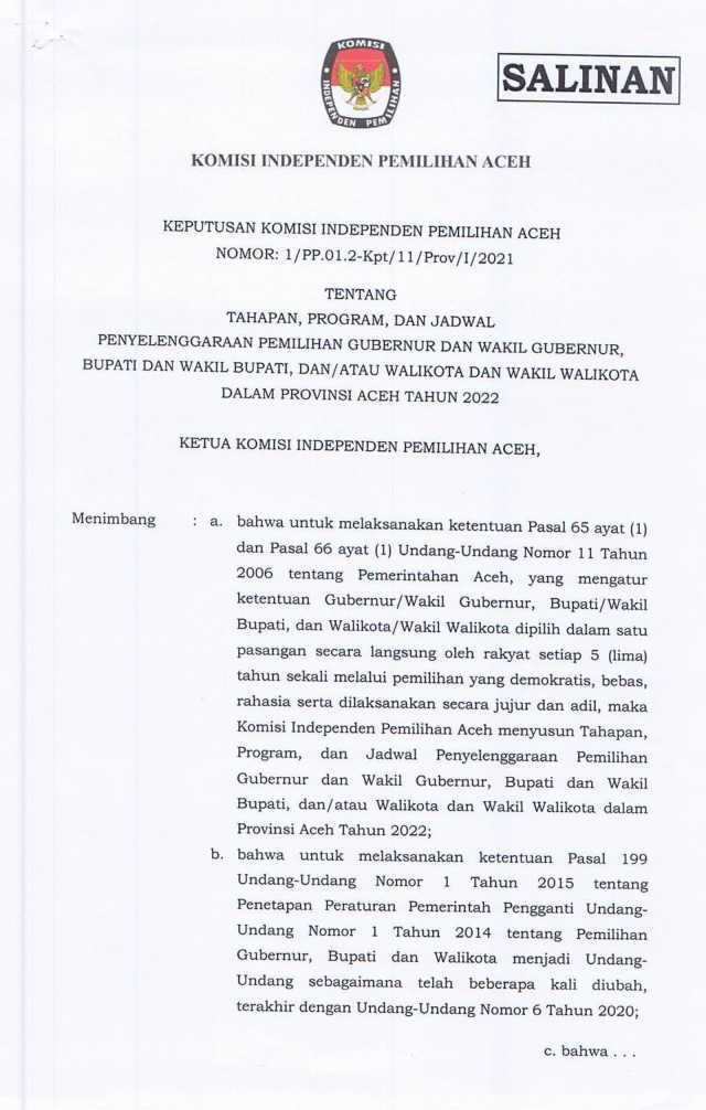 Surat keputusan Komisi Independen Pemilihan Aceh. Foto: KIP Aceh