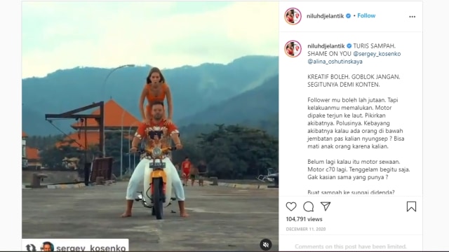 Viral turis Rusia yang buang motor ke laut Foto: Instagram @niluhdjelantik