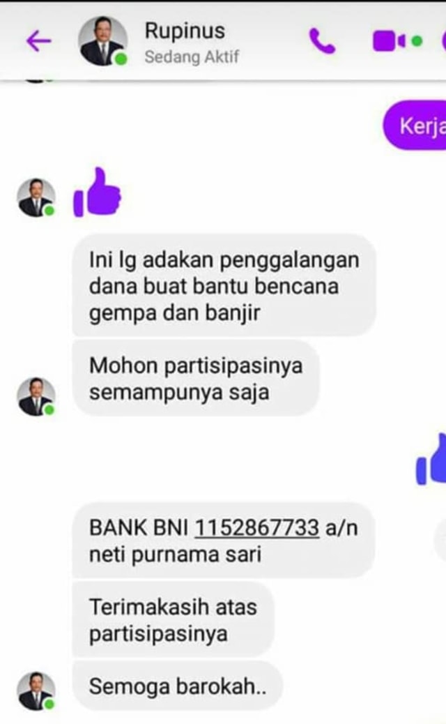 Tangkapan percakapan via Messenger yang mengatasnamakan Bupati Sekadau, Rupinus. Foto: Dok. Istimewa