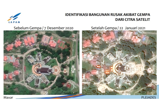 Kator Gubernur Sulbar sebelum dan sesudah gempa dari citra satelit. Foto: Dok. LAPAN