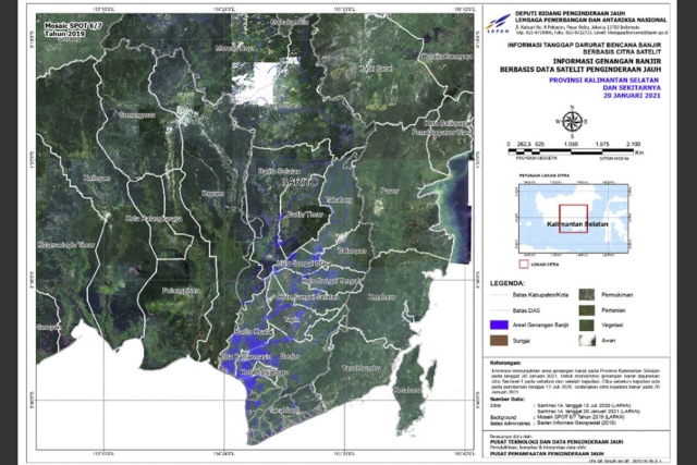 Gambar citra satelit penginderaan jauh terkait genangan di wilayah Kalsel.  Foto: Dok: LAPAN