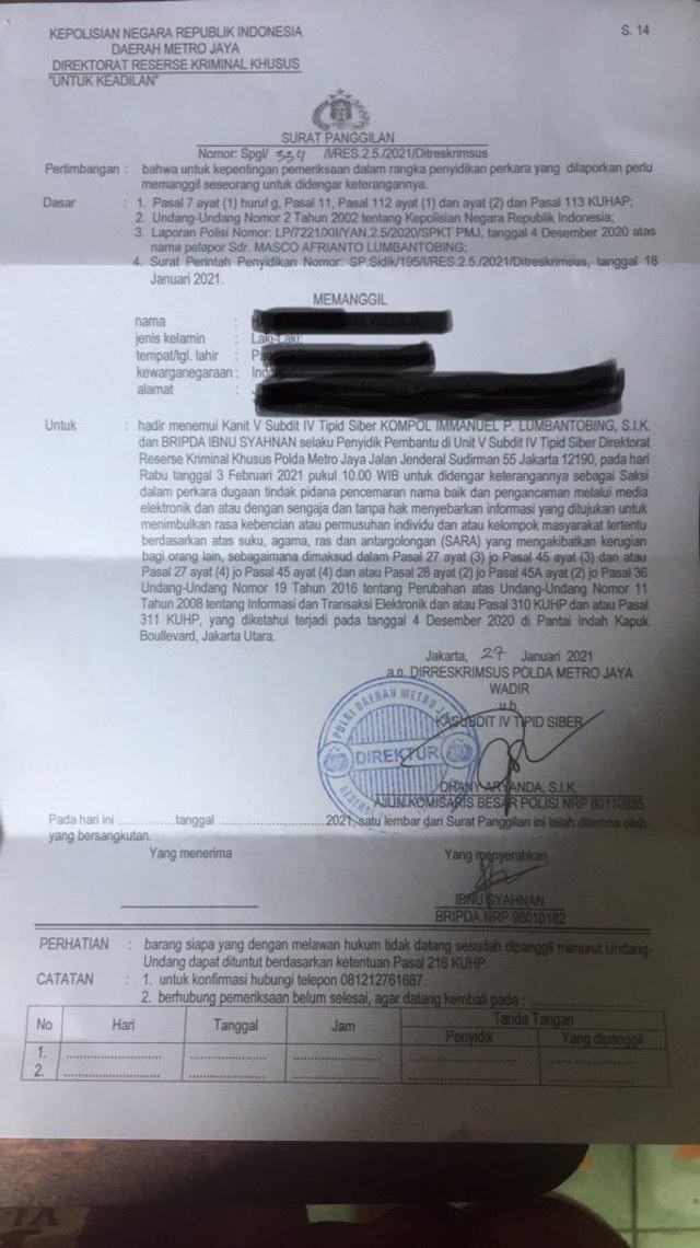 Surat pemanggilan terhadap Mantan Tim Gubernur untuk Percepatan Pembangunan (TGUPP) DKI, Marco Kusumawijaya oleh Ditreskrimsus Polda Metro Jaya. Foto: Dok. Istimewa