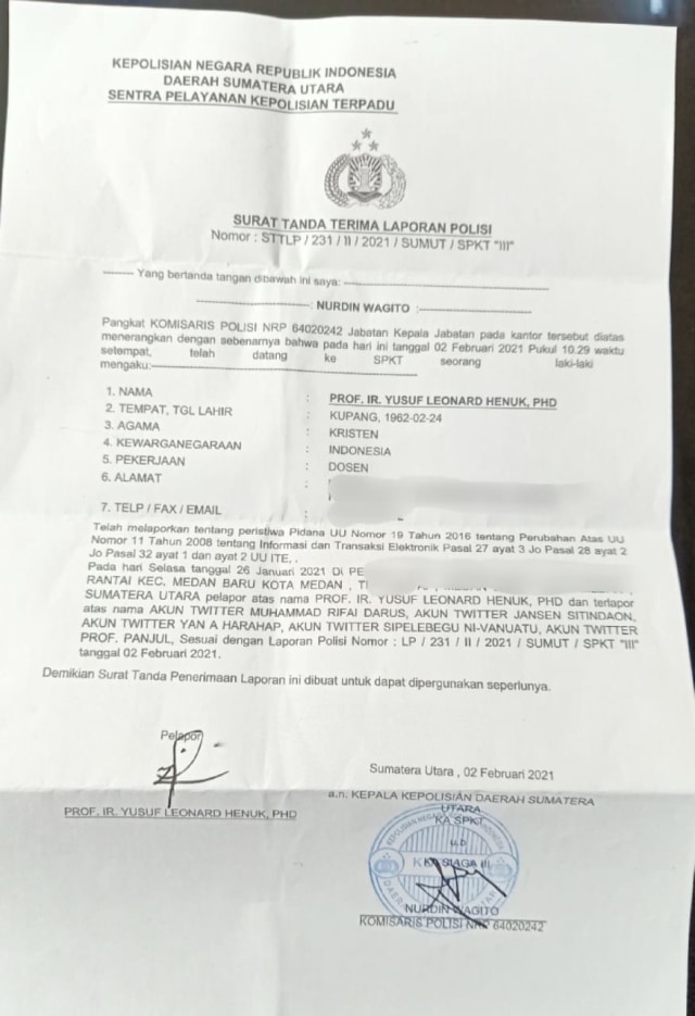 Laporan Guru Besar USU, Prof Yusuf Henuk terhadap 6 akun Twitter di Polda Sumut.
 Foto: Dok. Istimewa