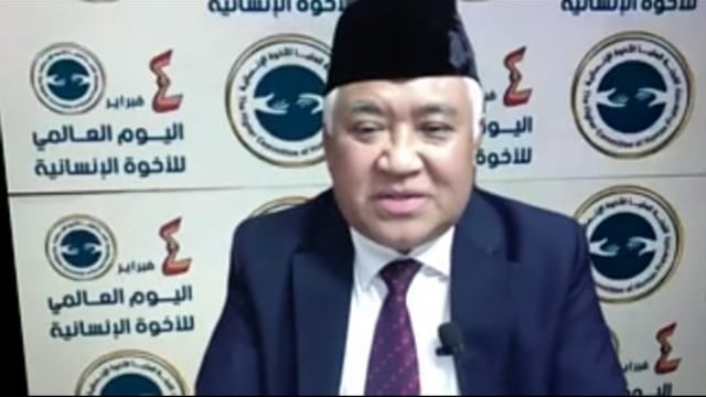 Din Syamsuddin menjadi salah seorang pembicara pada Perayaan Al-Azhar untuk Hari Persaudaraan Kemanusiaan Sedunia, 3 Februari 2021. Foto: Dok. Istimewa