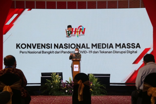 Gubernur Provinsi DKI Jakarta, Anies Baswedan memberikan sambutan pada Hari Pers Nasional (HPN) tahun 2021. Foto: Dok. Pemprof DKI