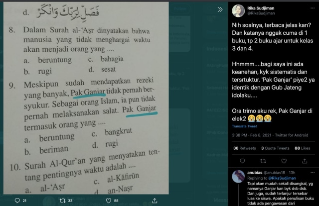 Tangkapan layar soal mata pelajaran Agama yang mencatut nama Ganjar. Foto: Dok. Istimewa