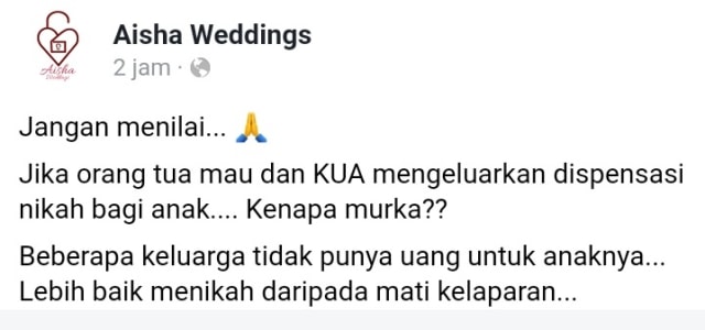 Status Facebook Aisha Weddings sebelum ditutup.
 Foto: Dok. Istimewa