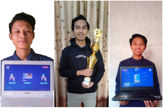 (dari kiri) Nanak Cito Tetuko, Egik Ardiatmajaya, dan Mohammad Jailani saat menunjukkan piala dan prototype presensi pintar buatan timnya.