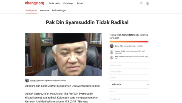 Tangkapan layar petisi yang ditulis David Alka dalam situs change.org Foto: Dok. Istimewa