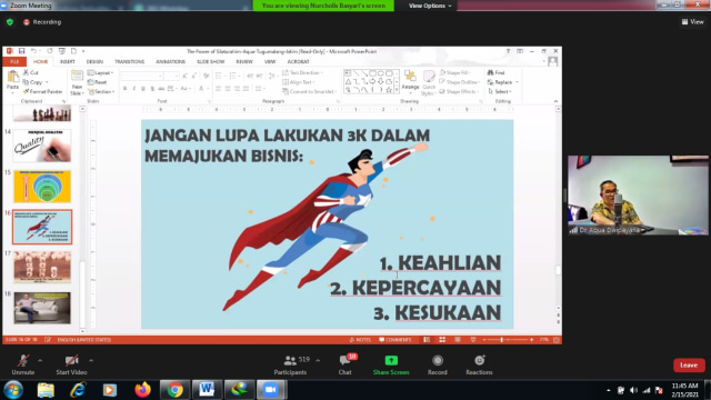 Bincang Sociopreneur (Social Entrepeneur) bertajuk "Peran Sociopreneur dan Inovasi Bisnis dalam Membangkitkan Ekonomi di Era Pandemi" yang digelar secara virtual, pada Senin (15/02/2021).