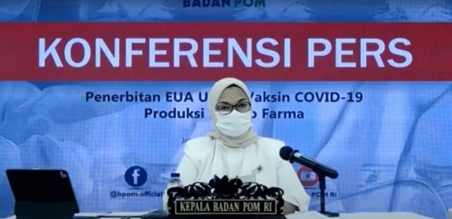 Kepala BPOM Penny Lukito mengumumkan penerbitan EUA untuk Vaksin COVID-19 produksi Bio Farma, Selasa (16/2/2021). Foto: Youtube/BPOM