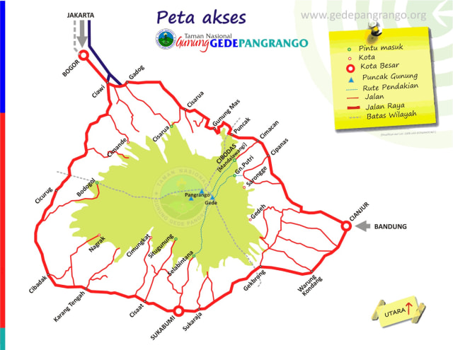 Peta akses Taman Nasional Gunung Gede Pangrango. Foto: gedepangrango.org