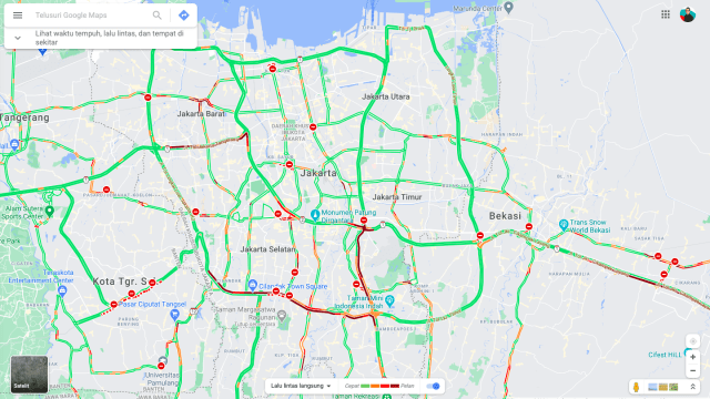 Kondisi lalu lintas yang terlihat di Google Maps pada Sabtu, 20 Februari 2021, pukul 09.50 WIIB.
