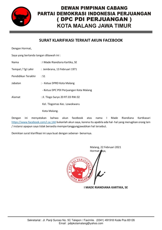 Pernyataan resmi DPC PDIP Kota Malang.