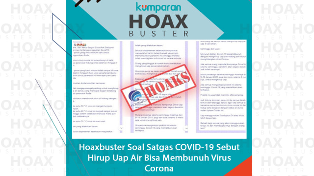 Hoaxbuster soal Satgas COVID-19 sebut hirup uap air bisa membunuh virus corona. Foto: Kominfo