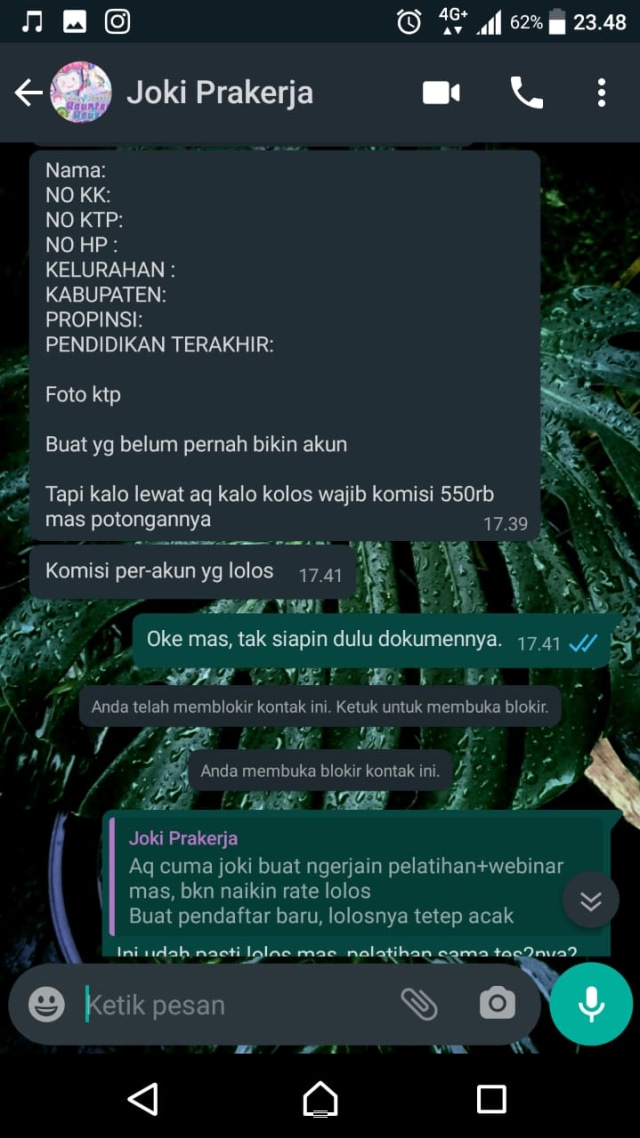 Tangkapan layar chat dengan joki Kartu Prakerja. 