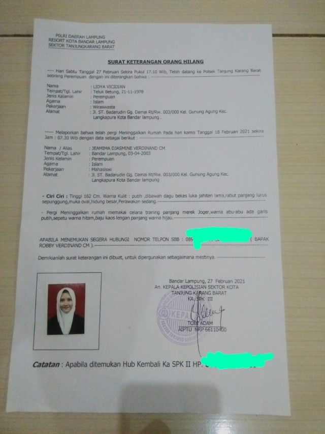 Surat Keterngan Orang Hilang atas nama Jaemima Djasmine Verdinand CM | Foto: Ist.