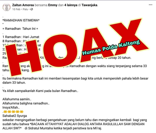 Informasi tentang Ramadhan yang distempel hoaks oleh Bidhumas Polda Kalteng.