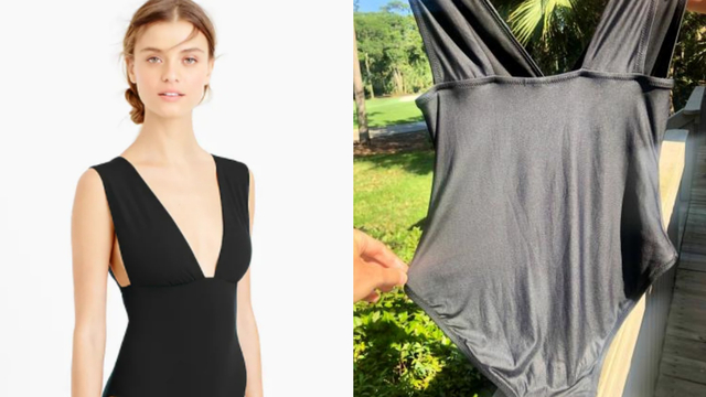 (Kiri) Foto baju renang di situs J-Crew. (Kanan) Foto baju renang Jessica Joye yang tidak rusak setelah digigit hiu. Foto: dok. J-Crew & Jessica Joye